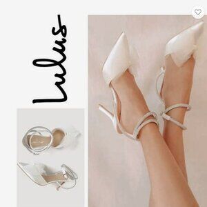 Lulus White Satin Rhinestone Bow Ankle Strap Pump/Gently Used